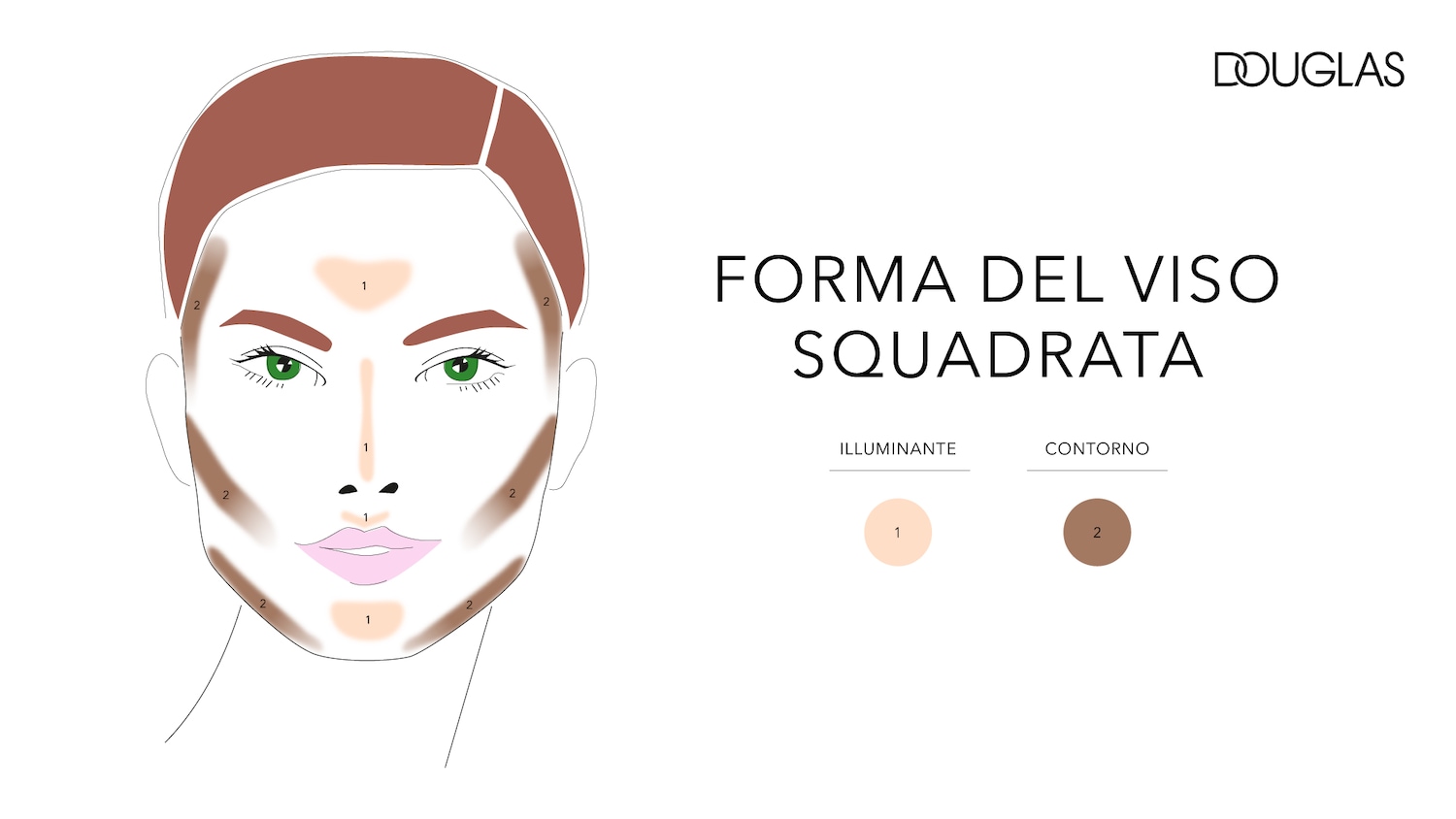 Illustrazione di un viso con aree evidenziate per illuminante color pesca e contouring marrone, ideale per definire un viso squadrato.