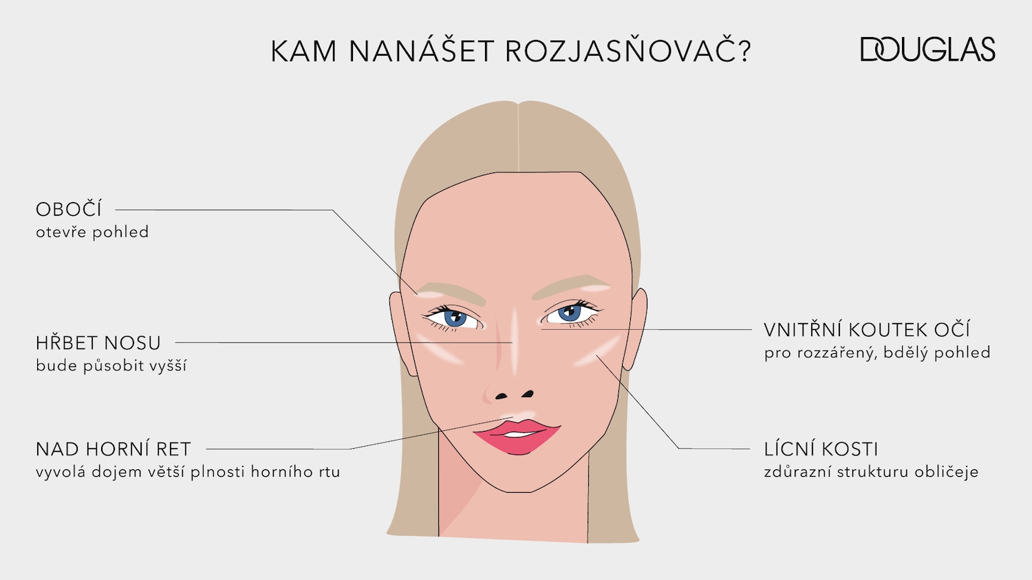 Infographic by Douglas shows where to apply highlighter on the face, including the eyebrows, bridge of the nose, above the lip, inner corner of the eyes, and cheekbones.