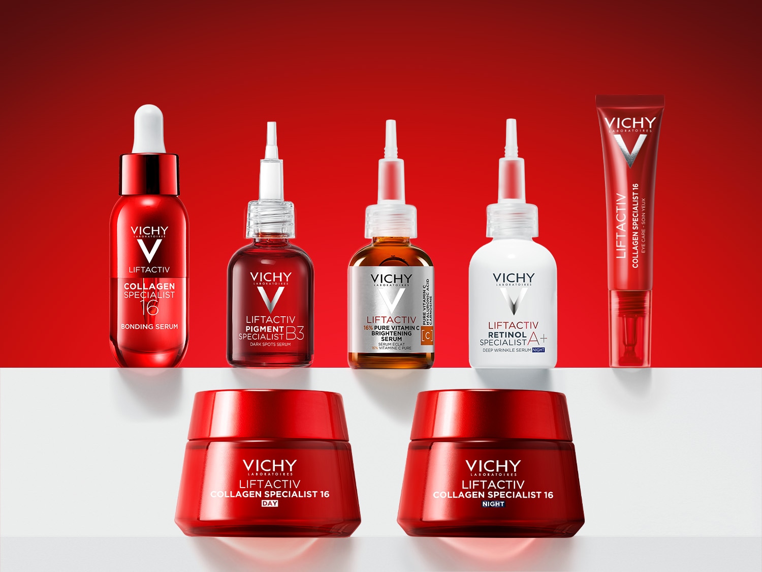 Découvrez la gamme Vichy Liftactiv Collagen Specialist : sérums et crèmes pour le jour, la nuit et le contour des yeux, présentés dans des emballages rouges élégants.