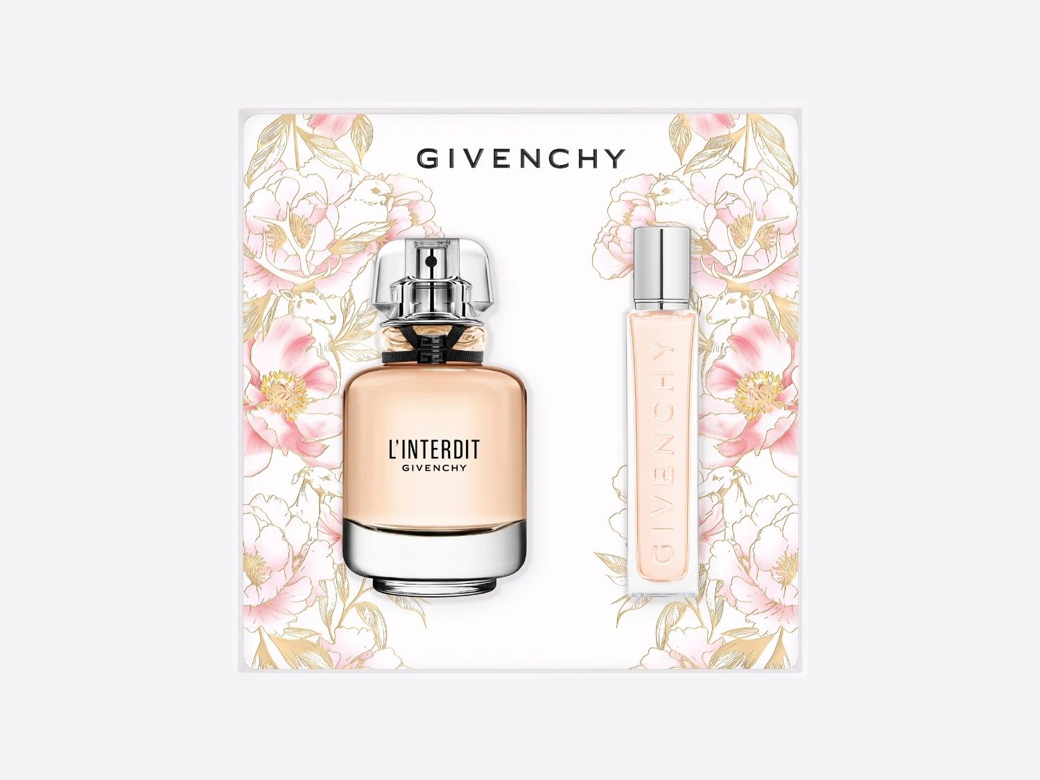 Das Givenchy L'Interdit Eau de Parfum Geschenkset enthält einen eleganten Flakon und einen praktischen Reisezerstäuber, beide mit dem ikonischen Duft und verpackt in einer Box mit zarten rosa Blüten.