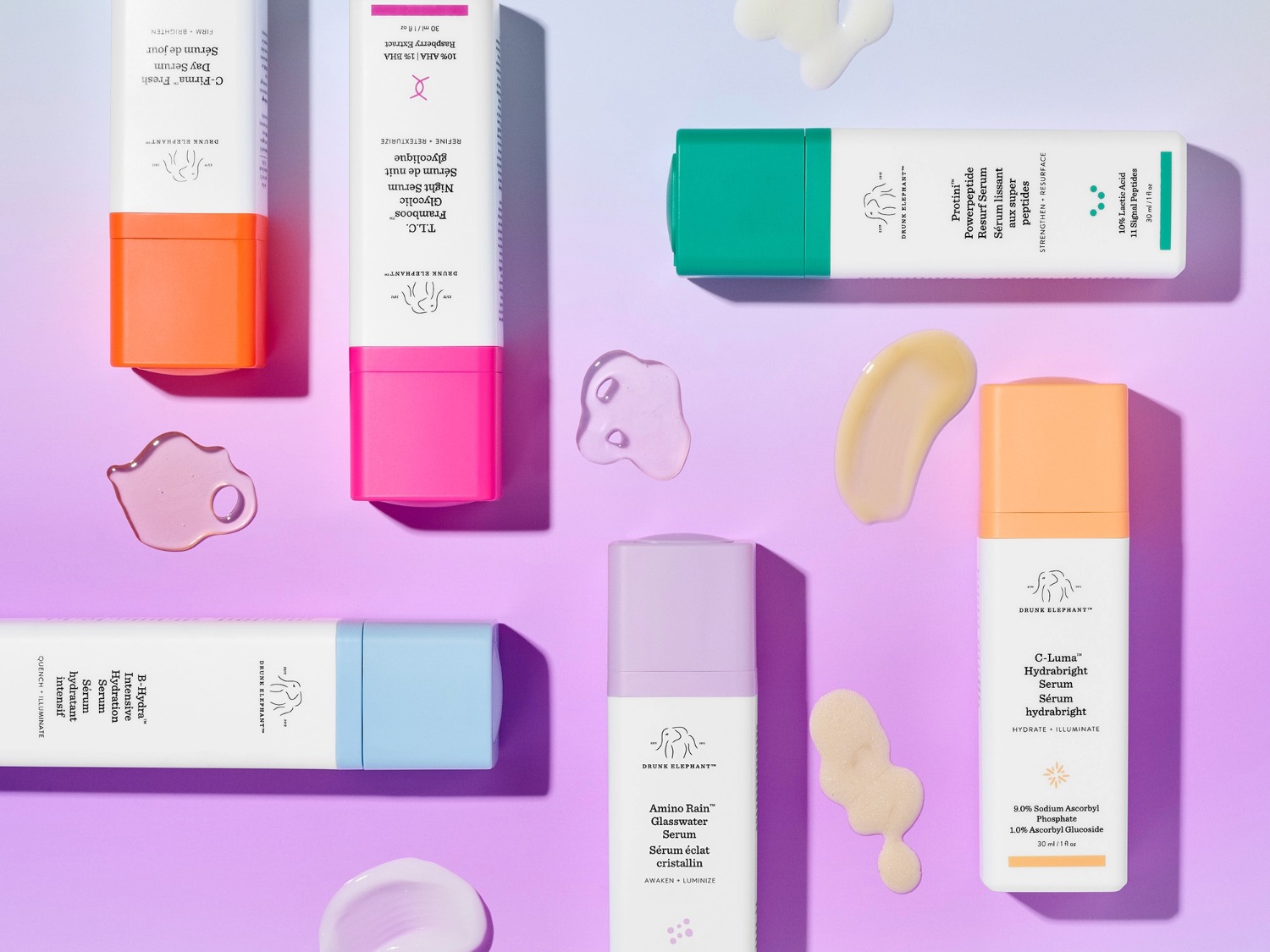 Découvrez la collection Drunk Elephant : sérums de jour C-Firma Fresh pour raffermir et illuminer, sérums de nuit glycoliques Framboos T.L.C. pour affiner et retexturer.