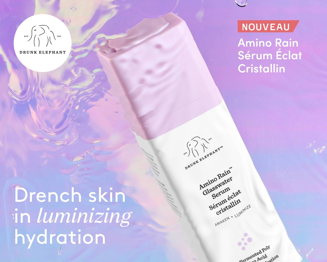 Découvrez le nouveau sérum éclat cristallin Amino Rain de Drunk Elephant, conçu pour hydrater et illuminer votre peau.