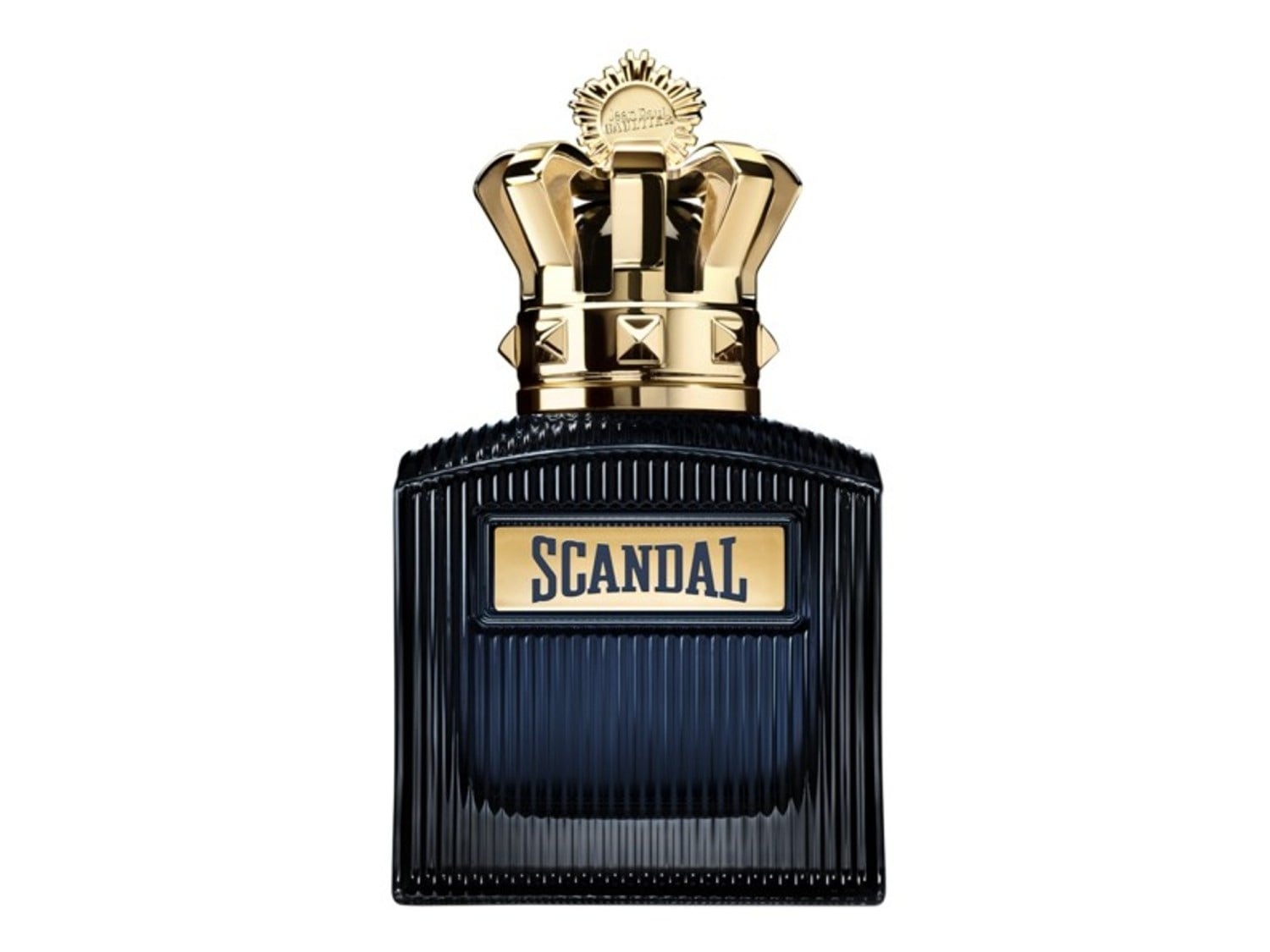 Flakón pánskeho parfumu Jean Paul Gaultier Scandal s čiernym vrúbkovaným sklom a zlatou korunou.