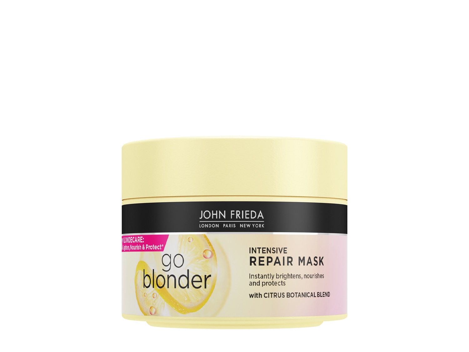 Žlutá nádoba John Frieda Go Blonder Intensive Repair Mask, která okamžitě rozjasňuje, vyživuje a chrání vlasy pomocí citrusové botanické směsi.