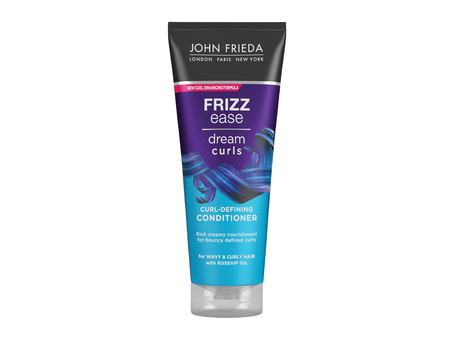 Tuba John Frieda Frizz Ease Dream Curls Curl-Defining Conditioner s novým složením pro zvýraznění vln, obohacená o šípkový olej pro vlnité a kudrnaté vlasy.