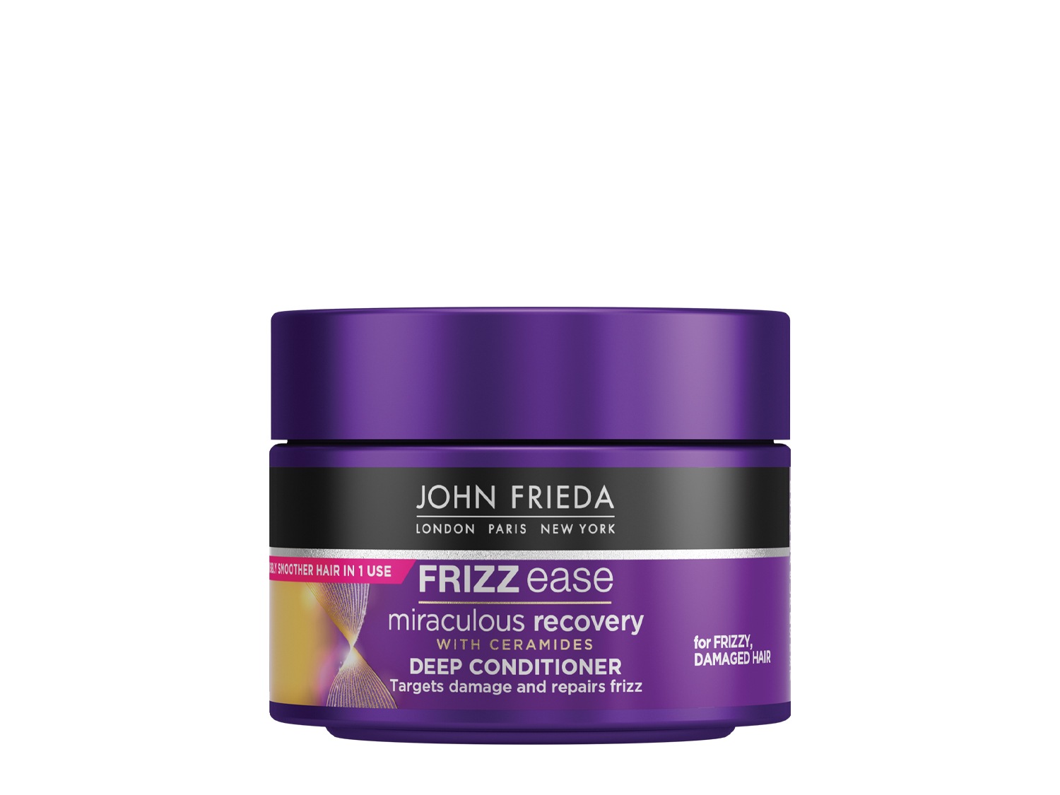 Fialový kelímek hlubokého kondicionéru John Frieda Frizz Ease Miraculous Recovery s ceramidy, který cílí na poškození a opravuje krepatění pro krepaté a poškozené vlasy.