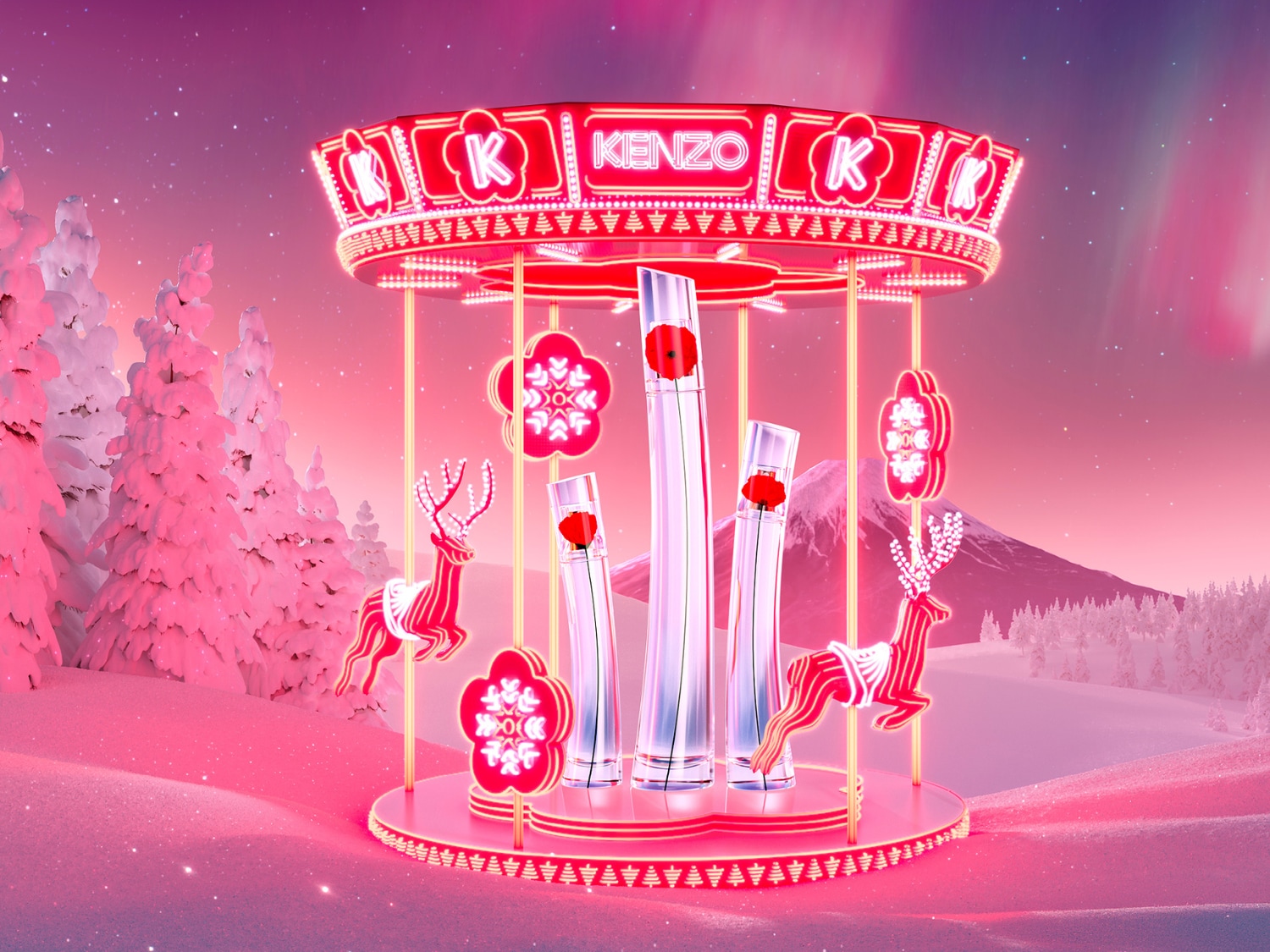 Ein festliches Karussell mit Kenzo-Düften, geschmückt mit leuchtenden Blumen und Rentieren, vor einer verschneiten Winterlandschaft.