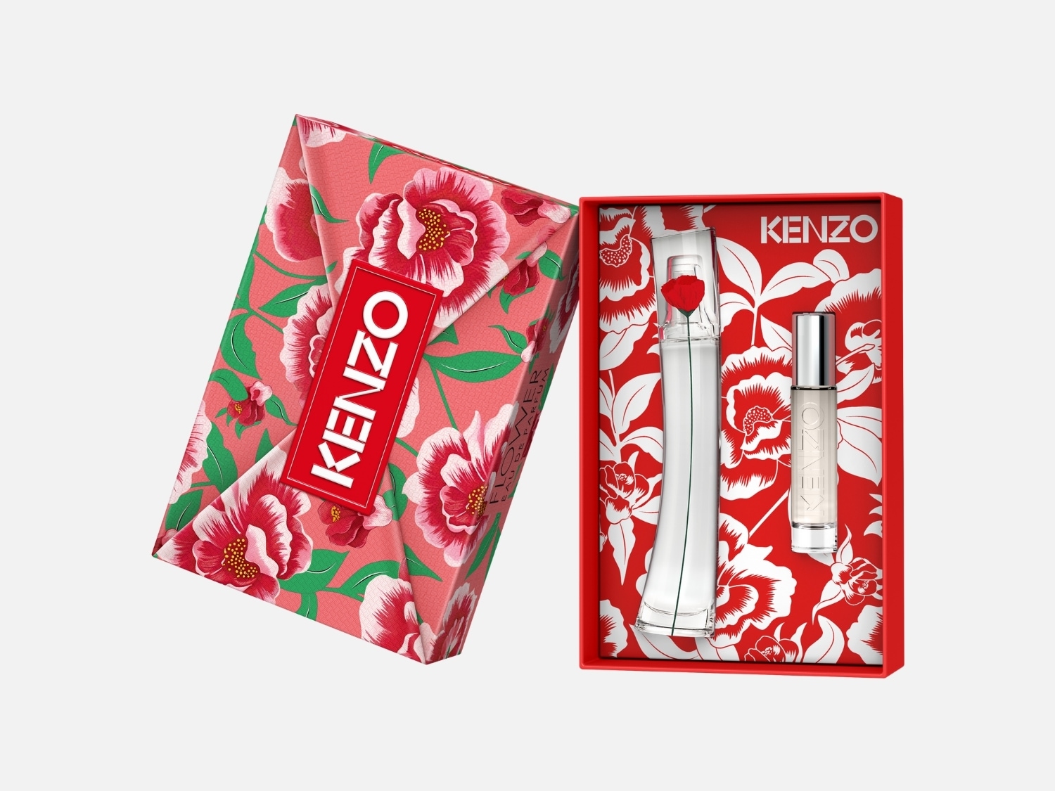 Das Kenzo Flower Geschenkset mit blumigem Design, bestehend aus einem Eau de Parfum und einem praktischen Roll-on.