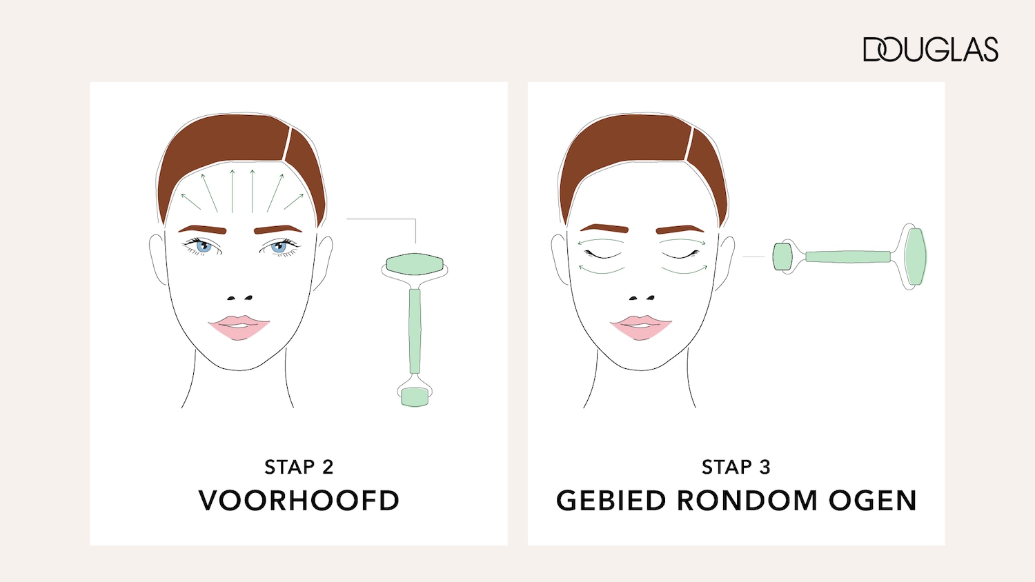 Gezichtsmassage stap 2: Rol de jade roller zachtjes in opwaartse richting over het voorhoofd, zoals de groene pijlen aangeven.