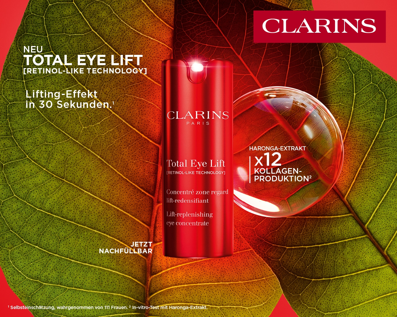 Entdecke Clarins Total Eye Lift mit Retinol-ähnlicher Technologie für einen Lifting-Effekt in 30 Sekunden, jetzt nachfüllbar!