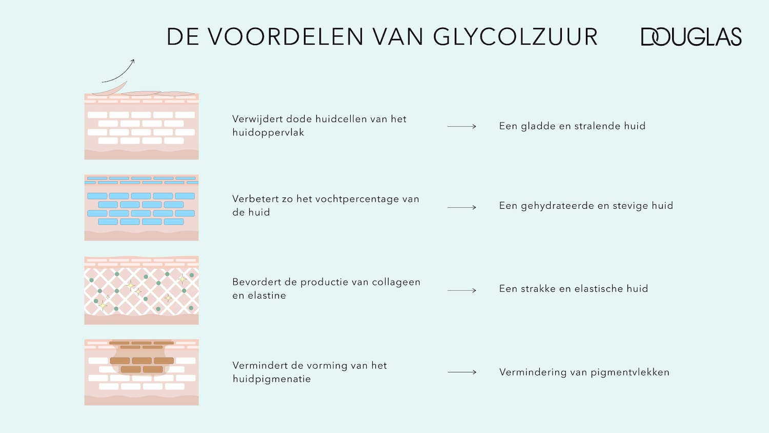 Illustratie van de voordelen van glycolzuur, waaronder het verwijderen van dode huidcellen, het verbeteren van het vochtpercentage, het bevorderen van de productie van collageen en elastine en het verminderen van de vorming van huidpigmentatie.
