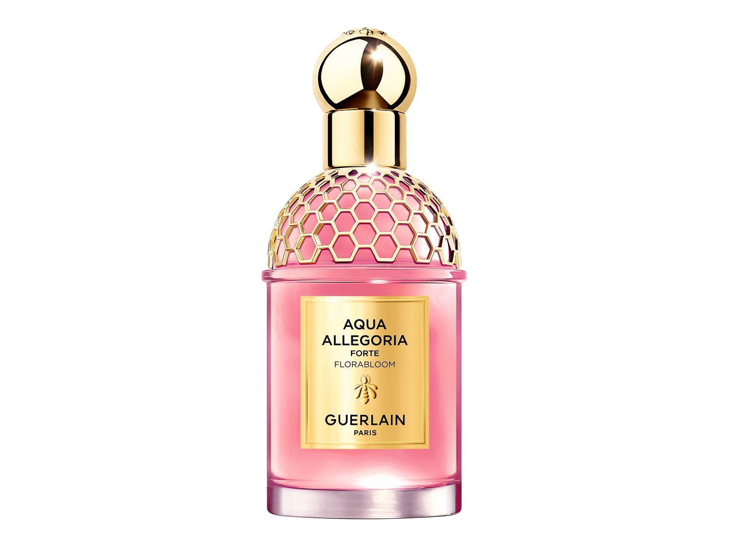 Różowy flakon perfum Aqua Allegoria Forte Florabloom marki Guerlain z przezroczystego szkła z złotą etykietą i złotą nakrętką w kształcie plastra miodu.