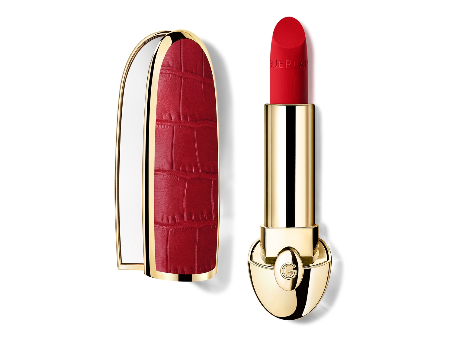 Szminka Guerlain w złotym opakowaniu z czerwonym, skórzanym etui, emanująca luksusem i elegancją.