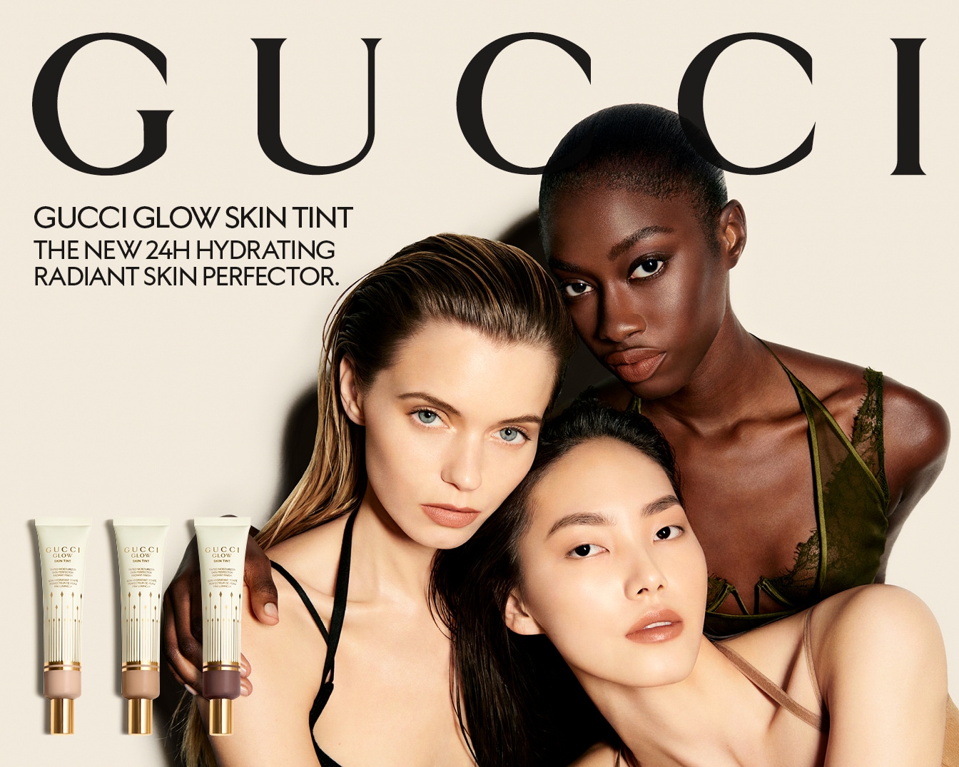 Ontdek Gucci Glow Skin Tint, de nieuwe 24-uurs hydraterende, stralende huid perfectioneerder, gepresenteerd door modellen met diverse huidtinten.