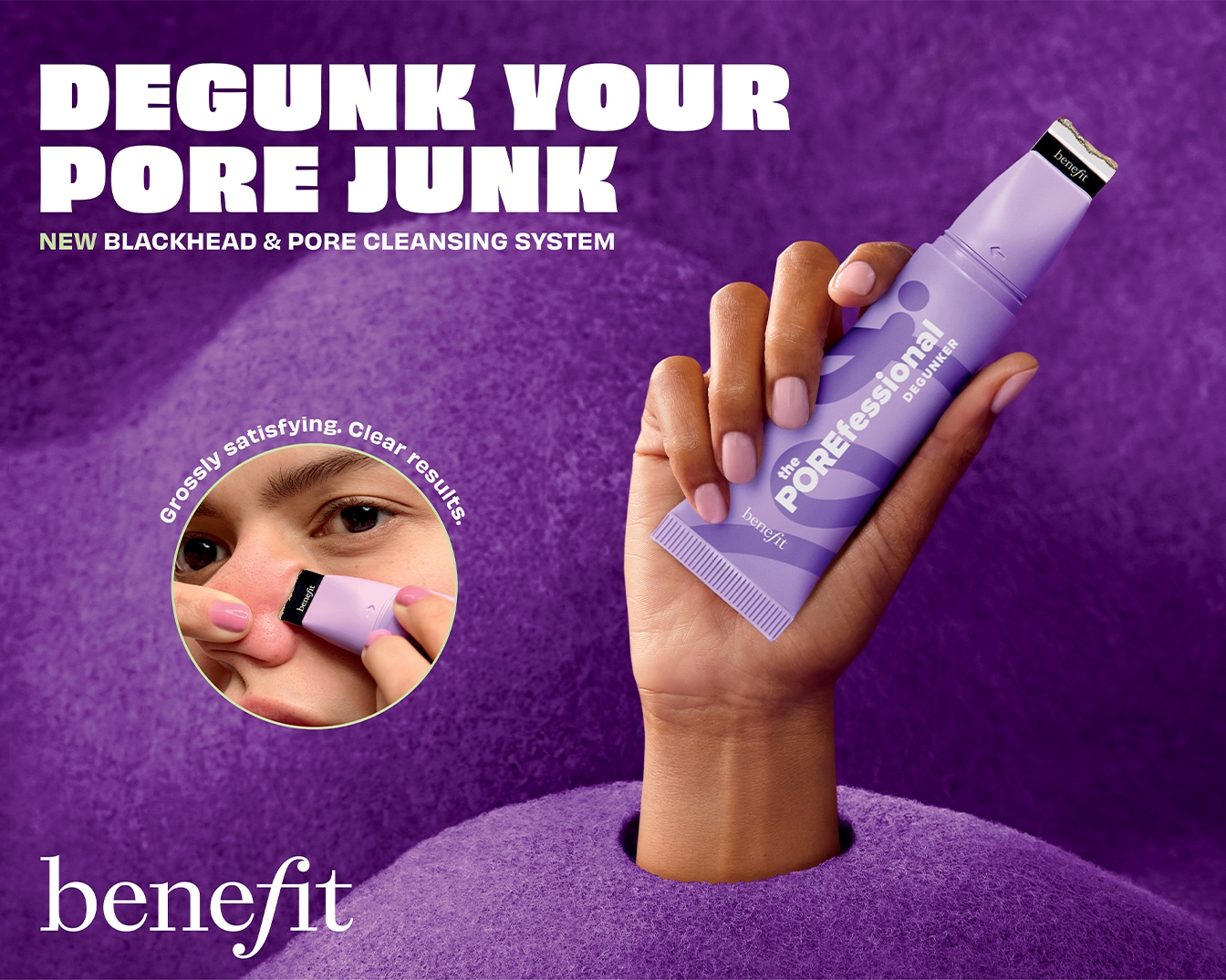 Ontdoe je van je poriën met Benefit's nieuwe zwarte puntjes- en poriënreinigingssysteem, de POREfessional DEGUNKER, voor een bevredigend schone en heldere huid.