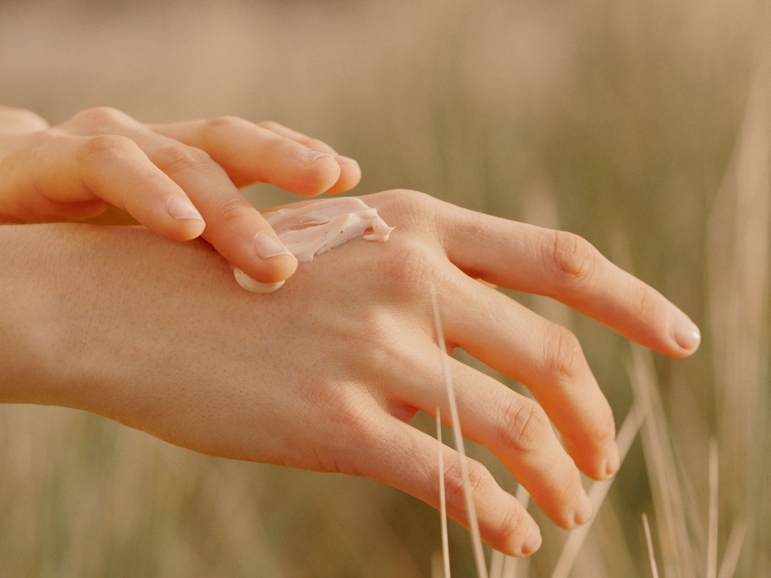 Een hand die een zachte, beige-kleurige crème aanbrengt, tegen een achtergrond van zachte, gouden grassen.