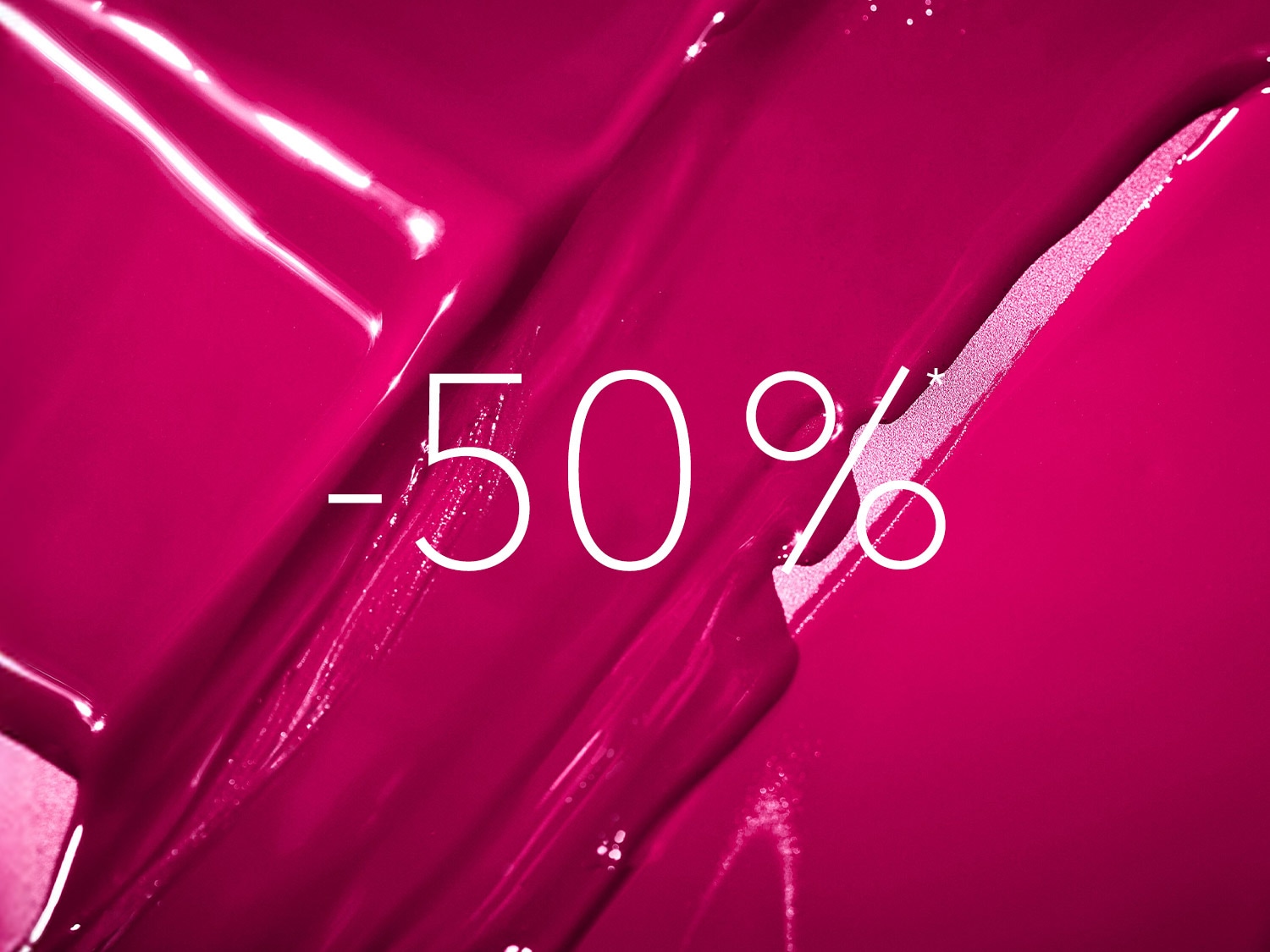 Texture brillante rose vif avec une promotion de -50 % en blanc.