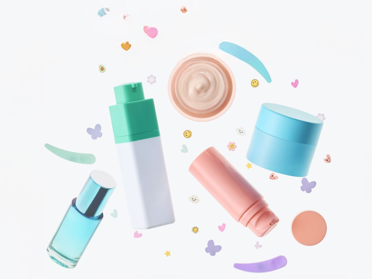 Découvrez une gamme de produits de beauté aux couleurs pastel, comprenant des crèmes et des lotions dans des emballages bleu, rose et vert.