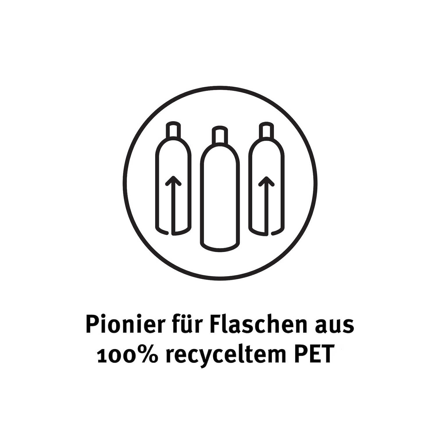 Pionier für Flaschen aus 100 % recyceltem PET, dargestellt durch drei stilisierte Flaschen in einem Kreis mit Pfeilen nach oben.