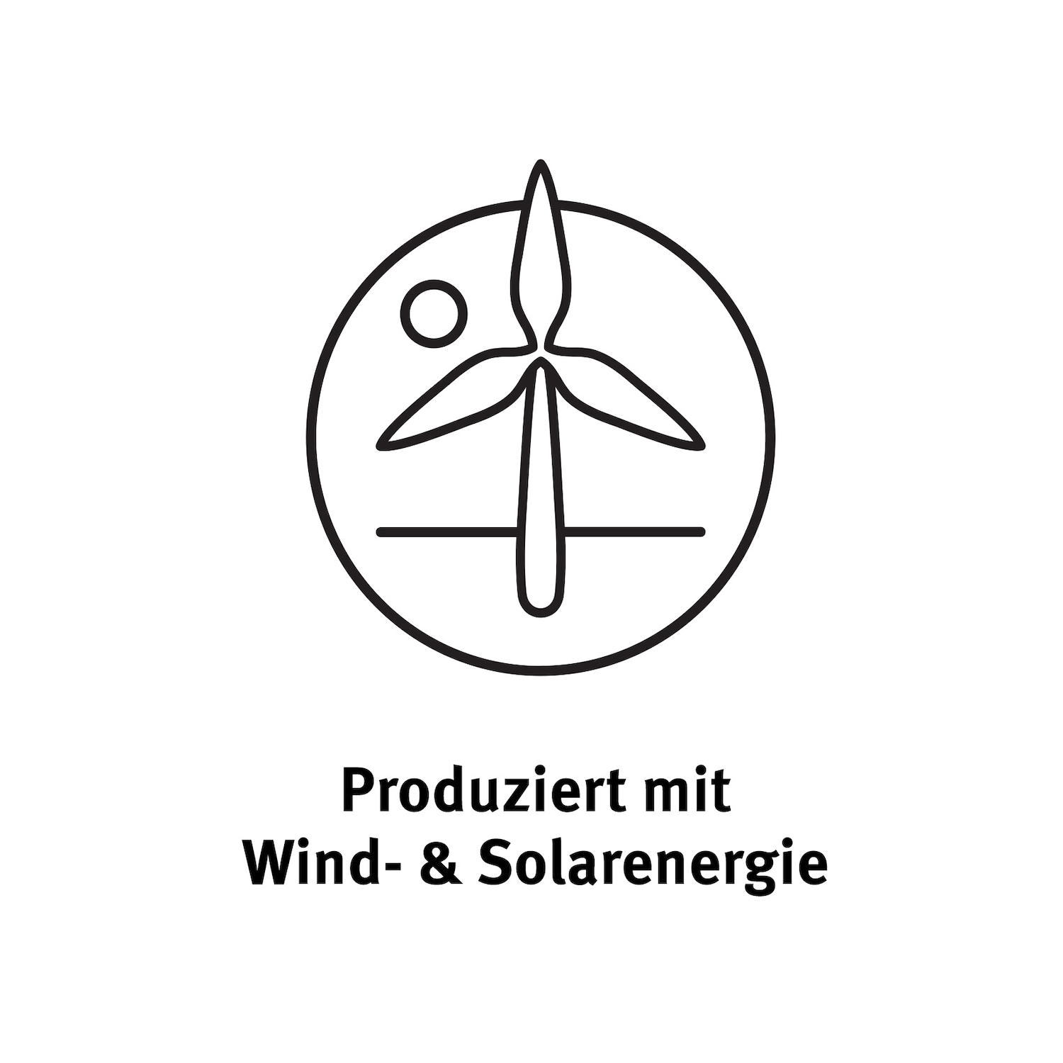 Das Symbol zeigt eine Windkraftanlage in einem Kreis mit dem Text "Produziert mit Wind- & Solarenergie".