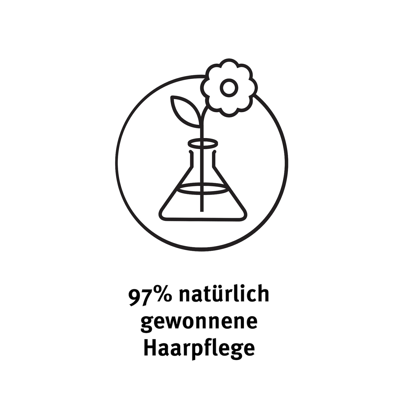 Symbol mit einer Blume in einem Kolben, umgeben von einem Kreis, darunter der Text "97% natürlich gewonnene Haarpflege".