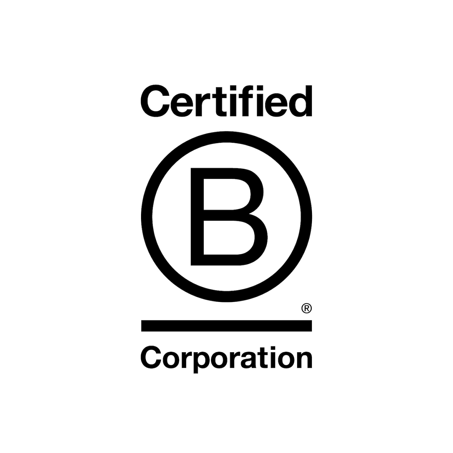 Das Logo der B Corporation Zertifizierung, mit einem großen B im Kreis zwischen dem Wort „Certified“ oben und „Corporation“ unten.