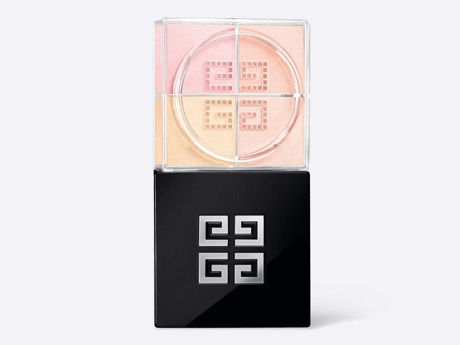 Quadratischer Givenchy Puder mit vier zarten Farbtönen in Rosa und Beige, verpackt in einer eleganten, schwarzen Dose mit silbernem Logo.