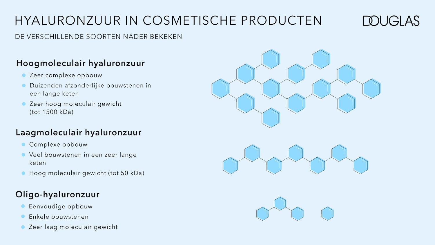 Een overzicht van de verschillende soorten hyaluronzuur in cosmetische producten, van hoogmoleculair tot oligo-hyaluronzuur, met details over hun opbouw en moleculair gewicht.