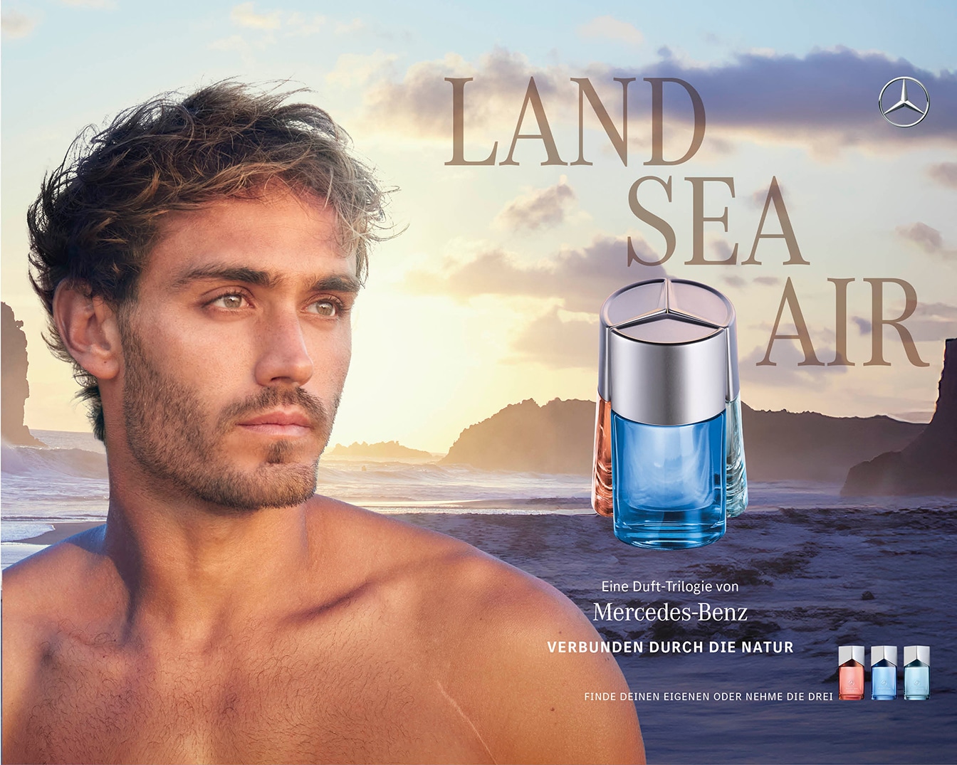 Entdecke die Duft-Trilogie von Mercedes-Benz: Land, Sea, Air – verbunden durch die Natur. Finde deinen eigenen Duft oder nimm die drei.