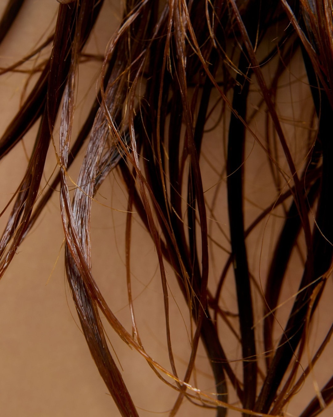 Detailní záběr na mokré hnědé vlasy, které se lesknou a splývají, což naznačuje intenzivní hydrataci a péči.