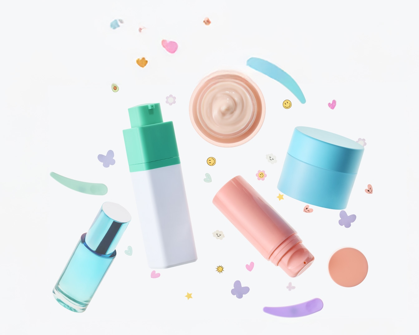 Une variété de produits de beauté flottent sur un fond blanc, comprenant des bouteilles bleues et blanches, des pots roses et bleus, et des décorations ludiques.