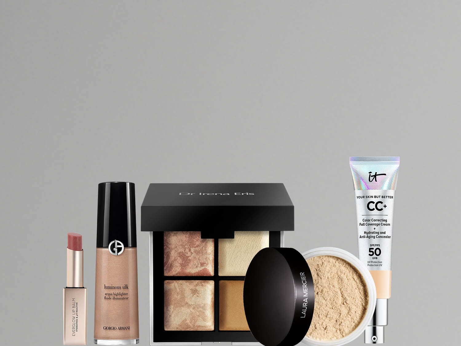 Róż do ust Everglow Lip Balm, rozświetlacz Giorgio Armani Luminous Silk, paleta Dr Irena Eris, puder Laura Mercier i krem CC+ It Cosmetics.