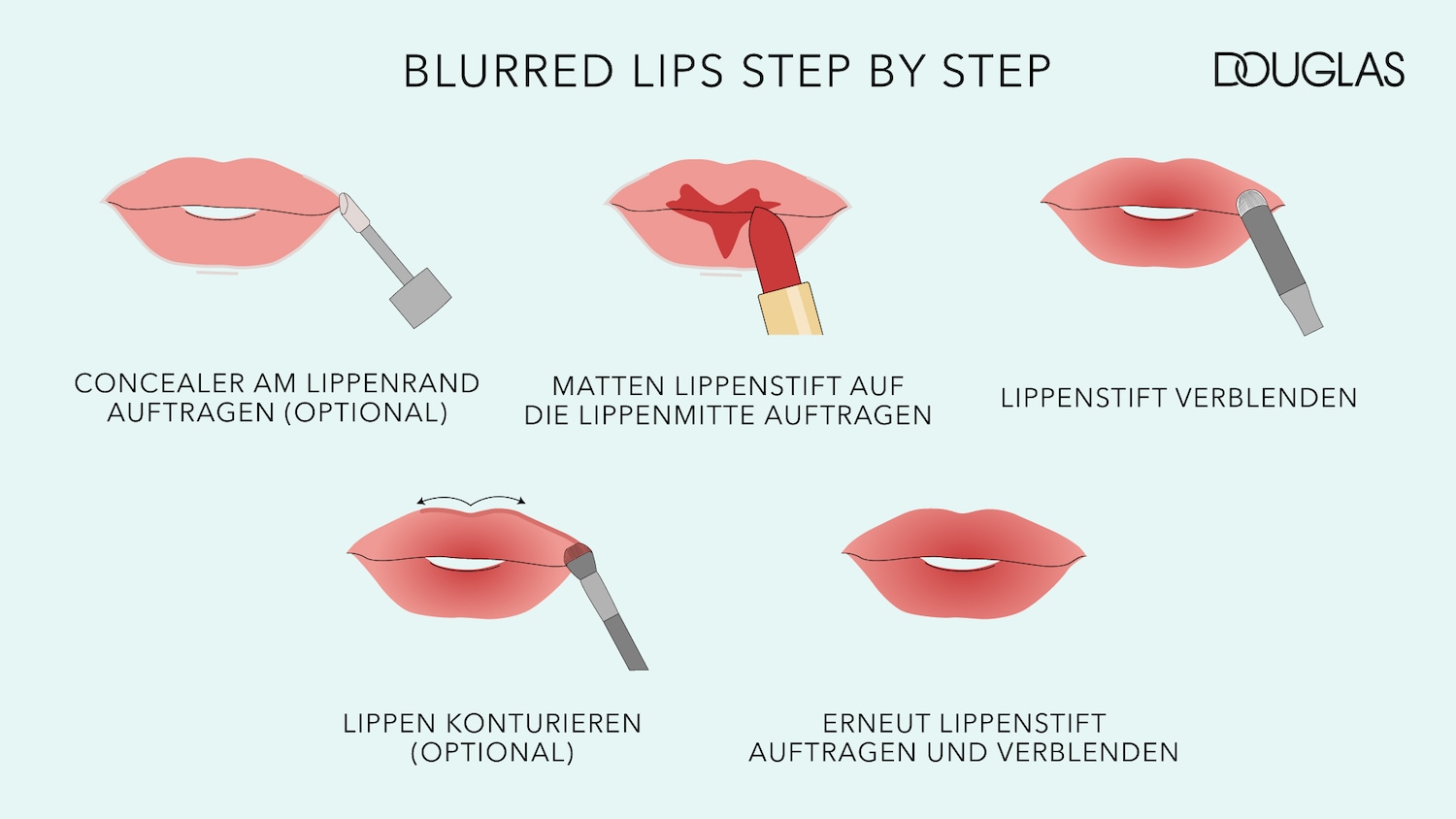 Schritt-für-Schritt-Anleitung für verschwommene Lippen: Zuerst optional Concealer auf den Lippenrand auftragen.