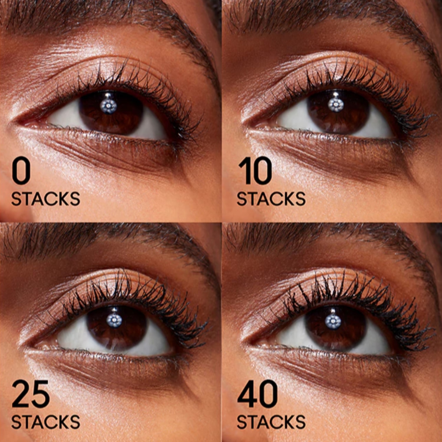 Nahaufnahme eines Auges mit unterschiedlich vielen Schichten Mascara, von 0 bis 40 Schichten.