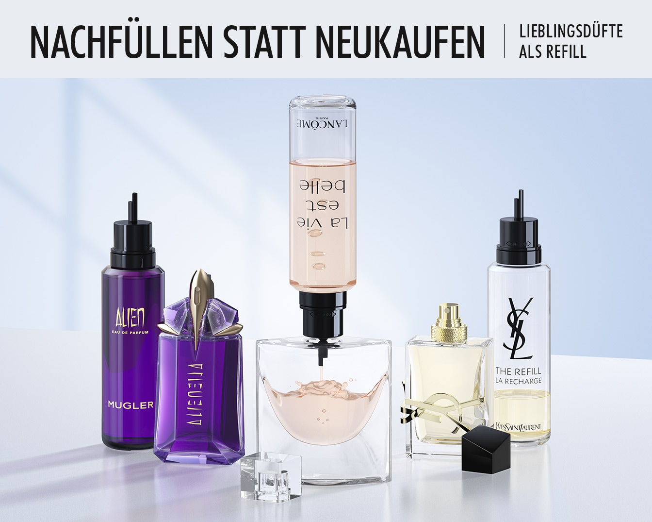 Verschiedene Parfümflakons von Mugler, Lancôme und Yves Saint Laurent stehen bereit zum Nachfüllen, um Lieblingsdüfte als Refill zu erhalten.