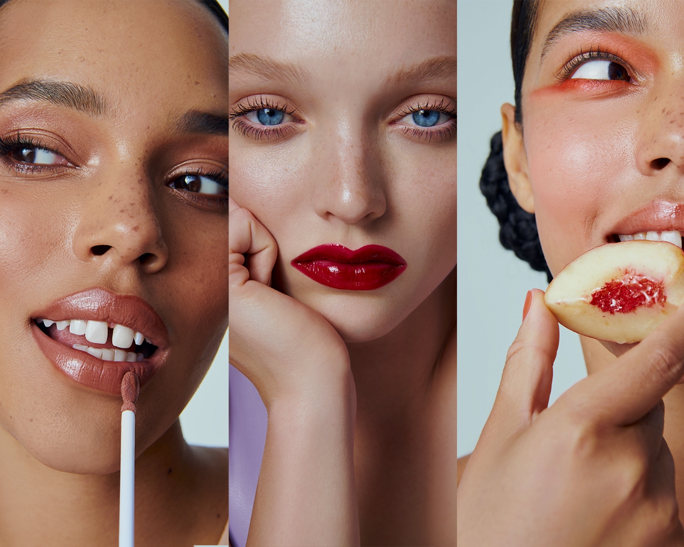 Close-up van drie vrouwen met verschillende huidtinten en make-up, waaronder nude lipstick, rode glanzende lippen en een perzik-geïnspireerde look.