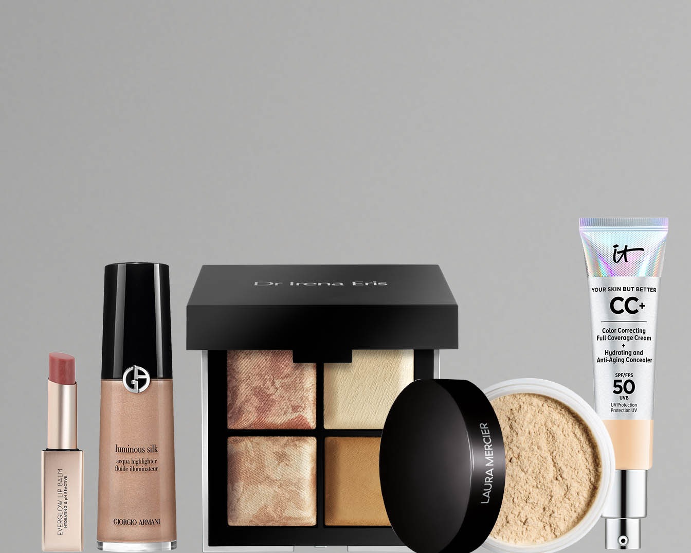 Róż do ust, rozświetlacz Giorgio Armani Luminous Silk, paleta do konturowania Dr Irena Eris, puder Laura Mercier i krem CC+ It Cosmetics SPF 50.