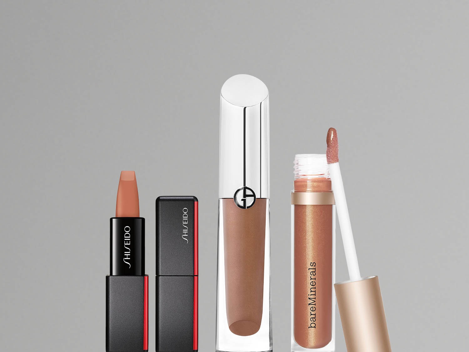 Kolekcja błyszczyków i szminek w odcieniach nude od Shiseido, Giorgio Armani i bareMinerals, idealne do makijażu na co dzień.