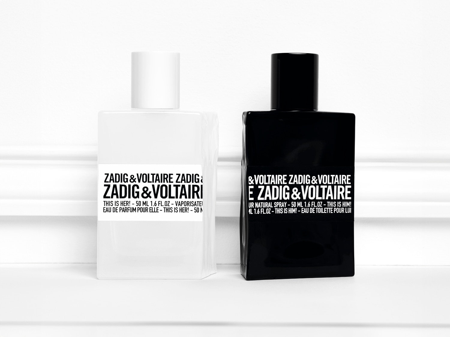 Aquí están los perfumes Zadig & Voltaire en frascos blancos y negros, cada uno con 50 ml de fragancia.