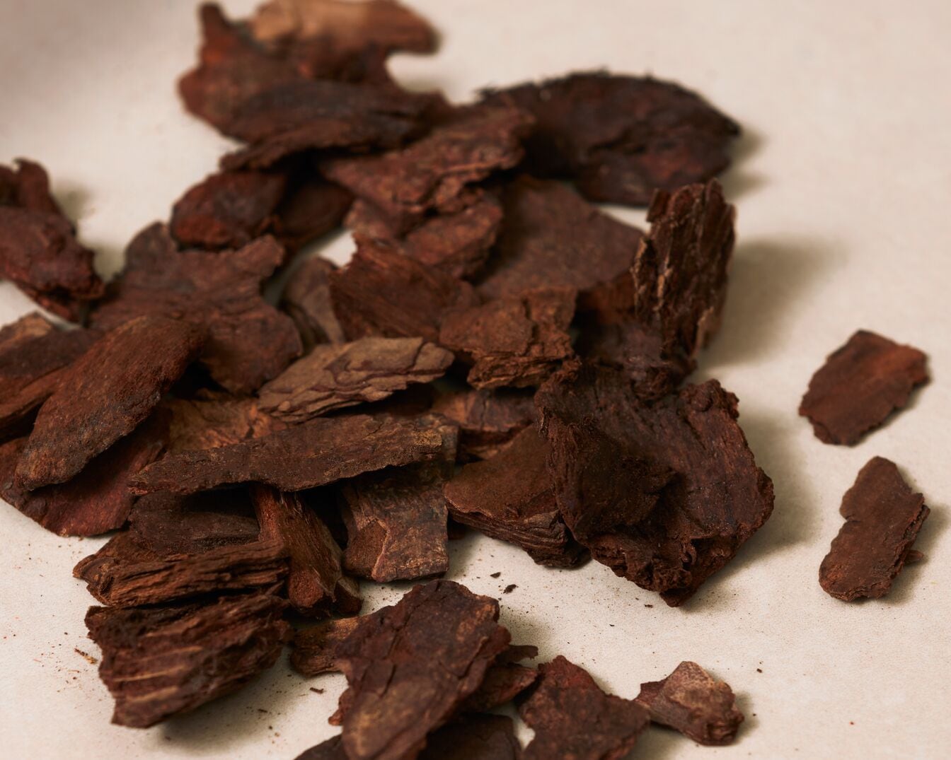 Nahaufnahme von einer Ansammlung von dunklen, rindenartigen Stücken auf einer hellen Oberfläche, die eine natürliche Textur und erdige Töne zeigt.