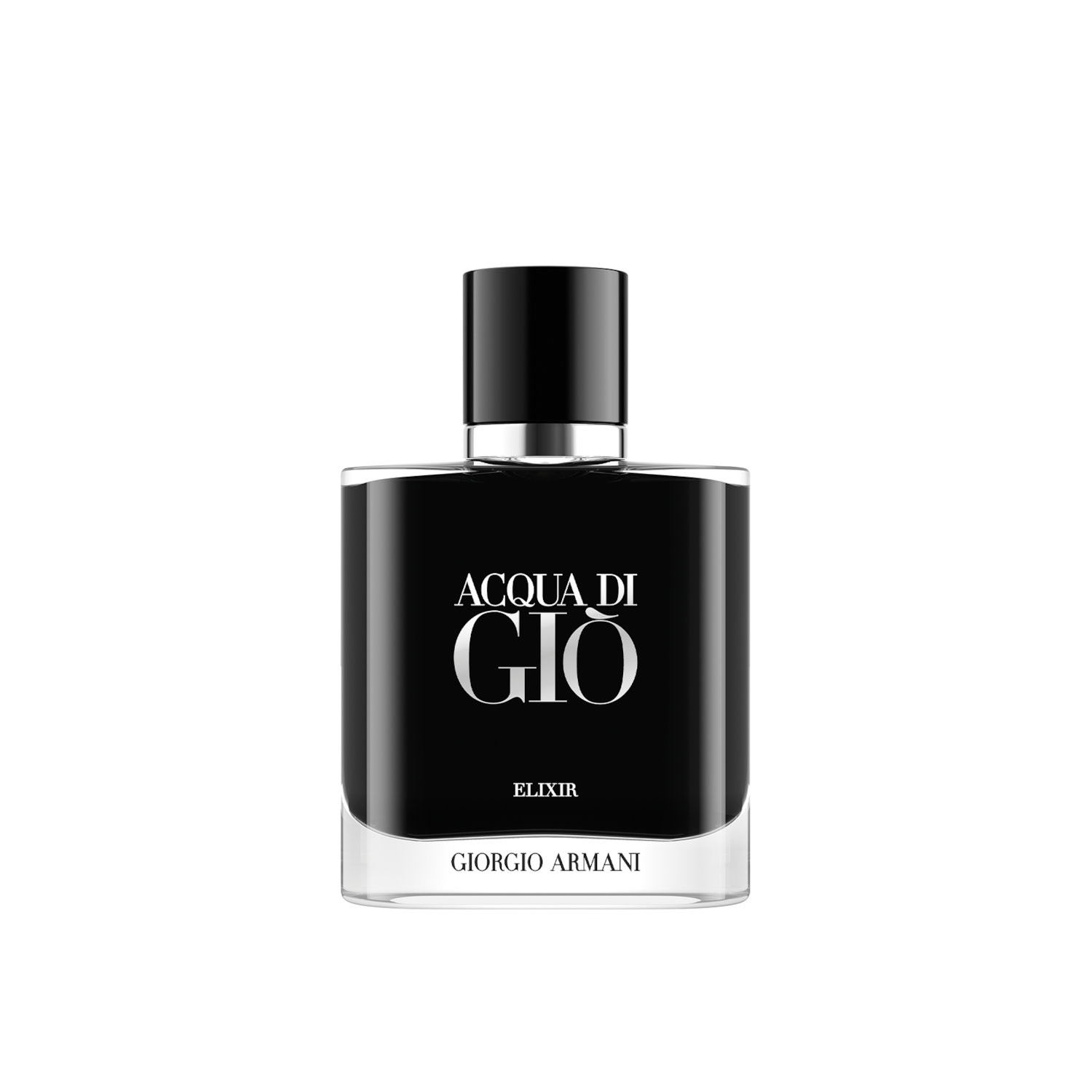 Fekete üvegben, ezüst felirattal az Acqua di Giò Elixir Giorgio Armani parfüm elegáns és kifinomult.