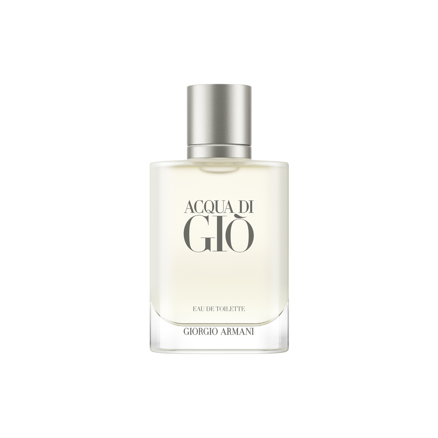 Ez egy üveg Giorgio Armani Acqua Di Giò Eau de Toilette, átlátszó üvegben, ezüst kupakkal.