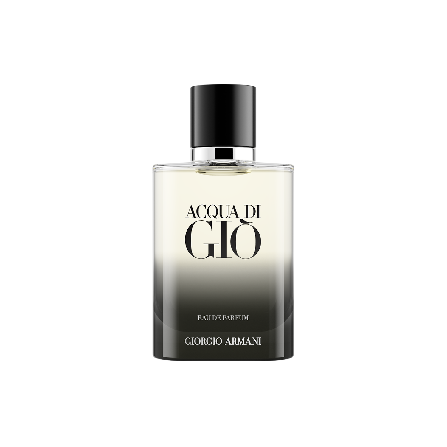 Az Acqua di Giò Eau de Parfum üvegben, fekete kupakkal, átlátszó üveggel, amely alul sötétedik, elegáns és kifinomult illatot sugall.