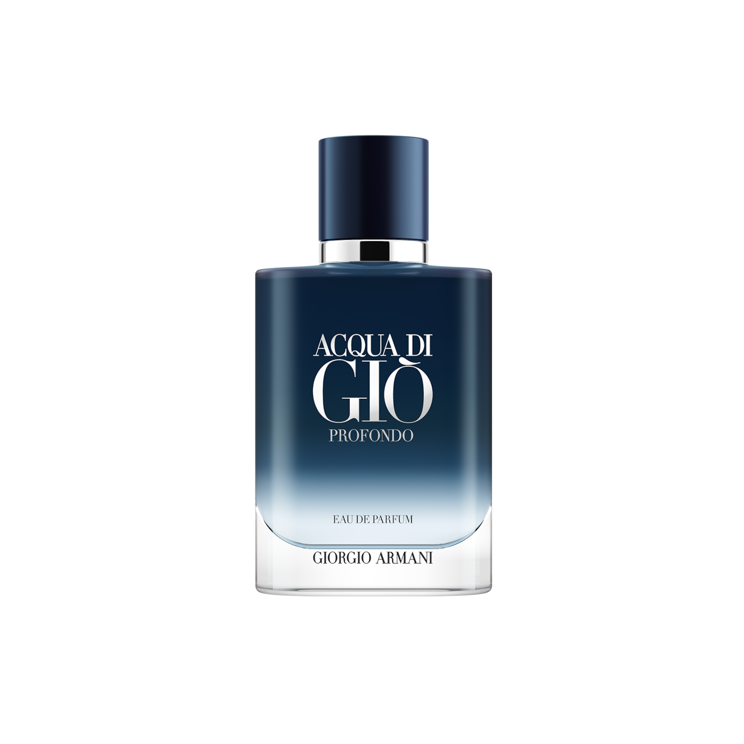 Az Acqua Di Giò Profondo Eau de Parfum üvegben, kék színátmenettel, elegáns és frissítő illatot sugall.