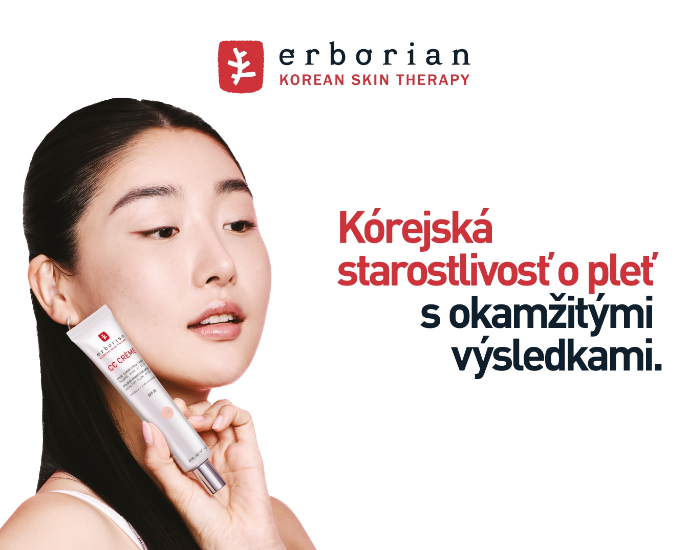A woman with fair skin holds a tube of Erborian CC Crème, promising Korean skincare for immediate results.