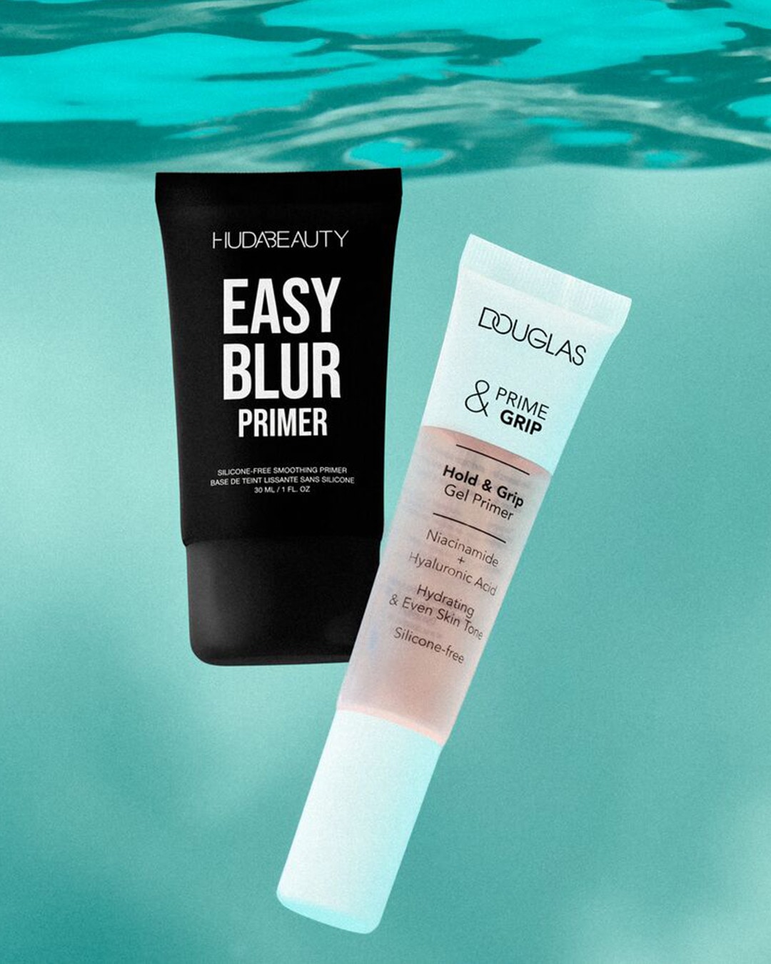 Štai „Huda Beauty Easy Blur“ gruntas juodame buteliuke ir „Douglas Prime & Grip“ gelinis gruntas baltame buteliuke, skirtas odai drėkinti ir tolygiam atspalviui sukurti.