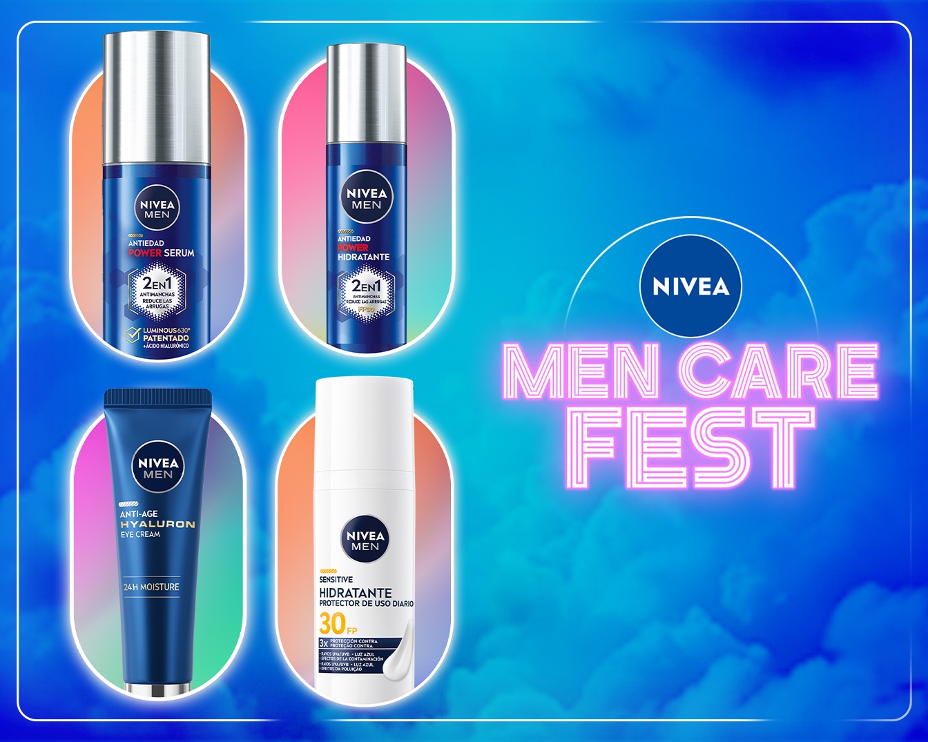 Descubre Nivea Men Care Fest: serum anti edad, crema hidratante y contorno de ojos antiarrugas con ácido hialurónico para el cuidado diario de la piel masculina.
