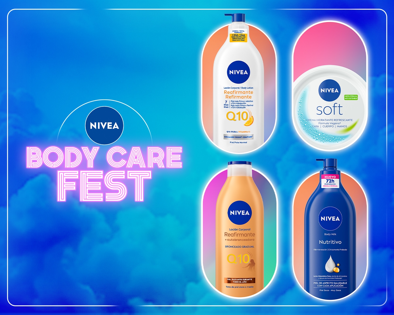 Descubre la variedad de productos Nivea para el cuidado corporal en este Body Care Fest, desde lociones reafirmantes con Q10 hasta cremas hidratantes refrescantes para cara, cuerpo y manos.