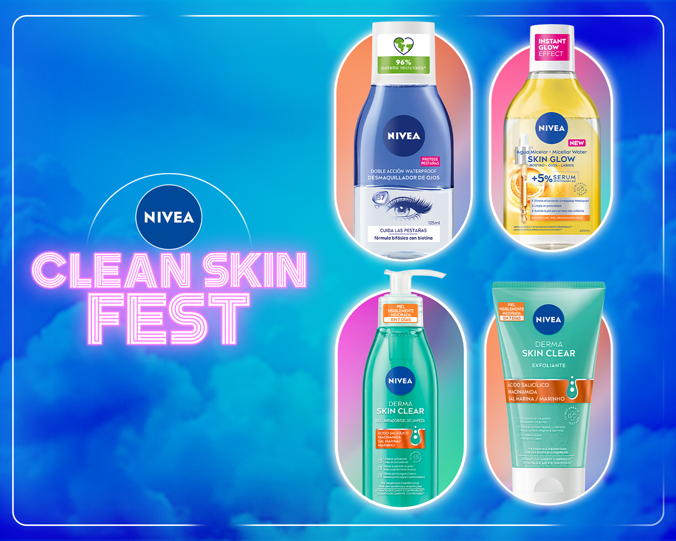 Descubre Nivea Clean Skin Fest: agua micelar Skin Glow con serum y limpiador Derma Skin Clear, para una piel visiblemente mejorada en 7 días.