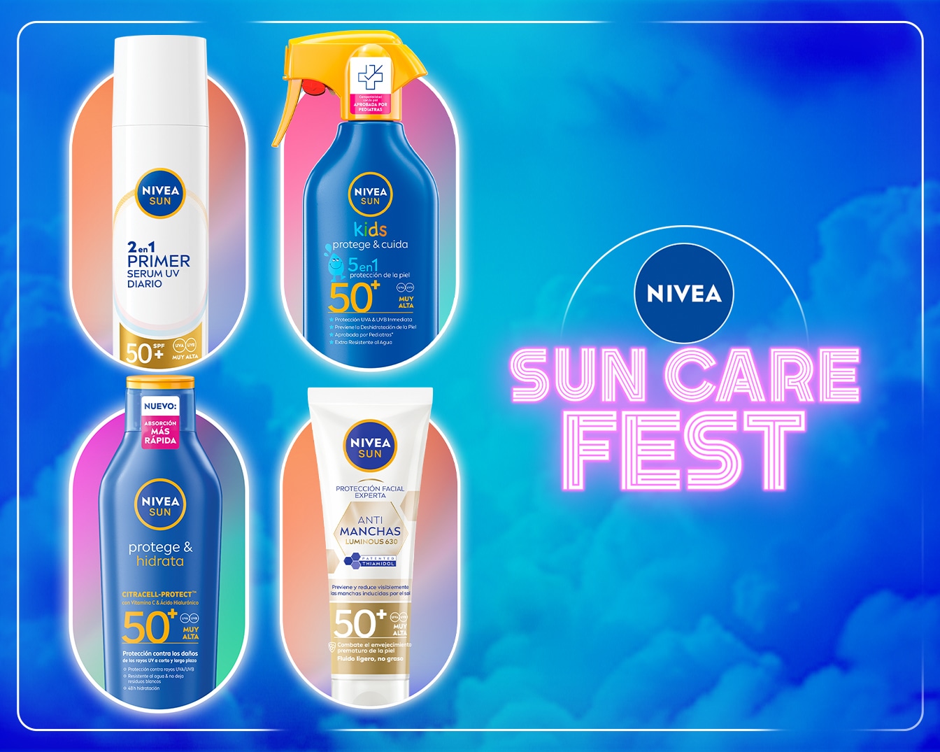 ¡Prepárate para el sol con Nivea Sun Care Fest! Descubre protectores solares para toda la familia, desde serum UV diario hasta opciones para niños y protección facial experta.
